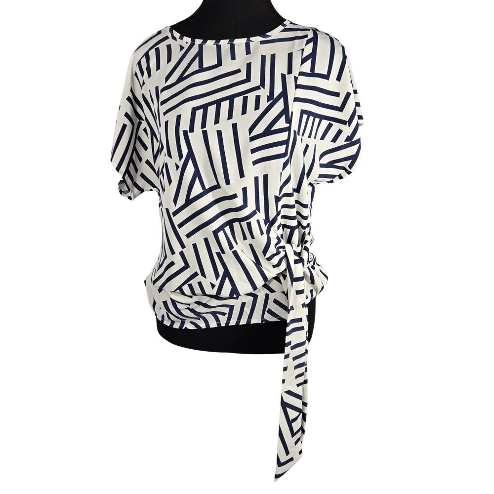 3/$25 NWOT | White Navy Blue Print Dolman Sleeve Side Tie Blouse | Medium